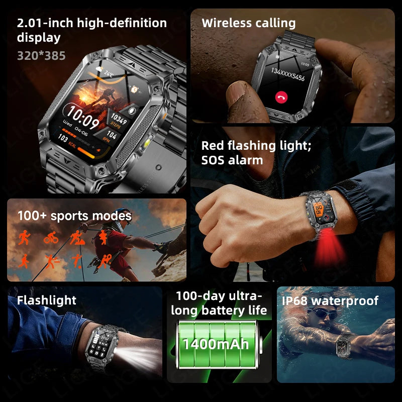 LIGE Wojskowy Inteligentny Zegarek 2.01'' Ekran HD Outdoor Sportowy Męski Zegarek SOS Czerwony Alarm Migająca Latarka Monitor Zdrowia Smartwatch