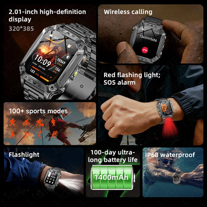 LIGE Wojskowy Inteligentny Zegarek 2.01'' Ekran HD Outdoor Sportowy Męski Zegarek SOS Czerwony Alarm Migająca Latarka Monitor Zdrowia Smartwatch