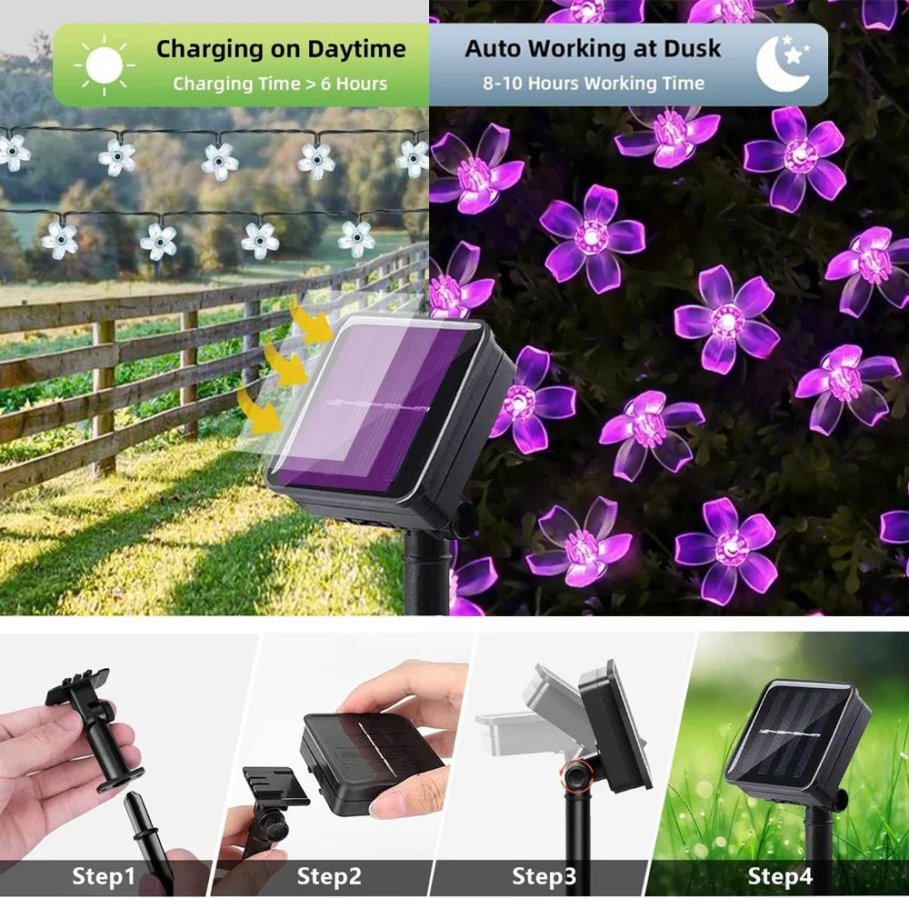 Outdoor Solar Led String Lights Cherry Flowers  Light Strings 8 Lighting Modes Solar Lamp for Camping Wedding Christmas Decor