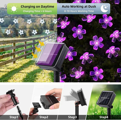 Outdoor Solar Led String Lights Cherry Flowers  Light Strings 8 Lighting Modes Solar Lamp for Camping Wedding Christmas Decor