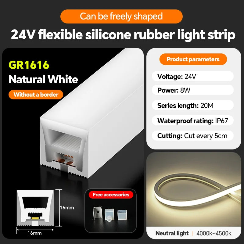 LED flexible silicone light strip embedded 24V waterproof tubing linear lamp concealed installation flexible soft light strip