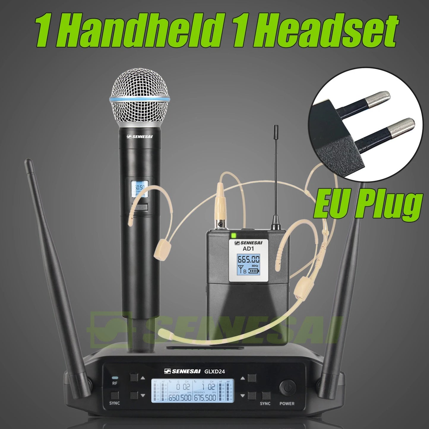 SENNESAI GLXD24 B58 Professional Dual Wireless Microphone 600-699MHz System Stage Performances UHF Dynamic 2 Channel Handheld