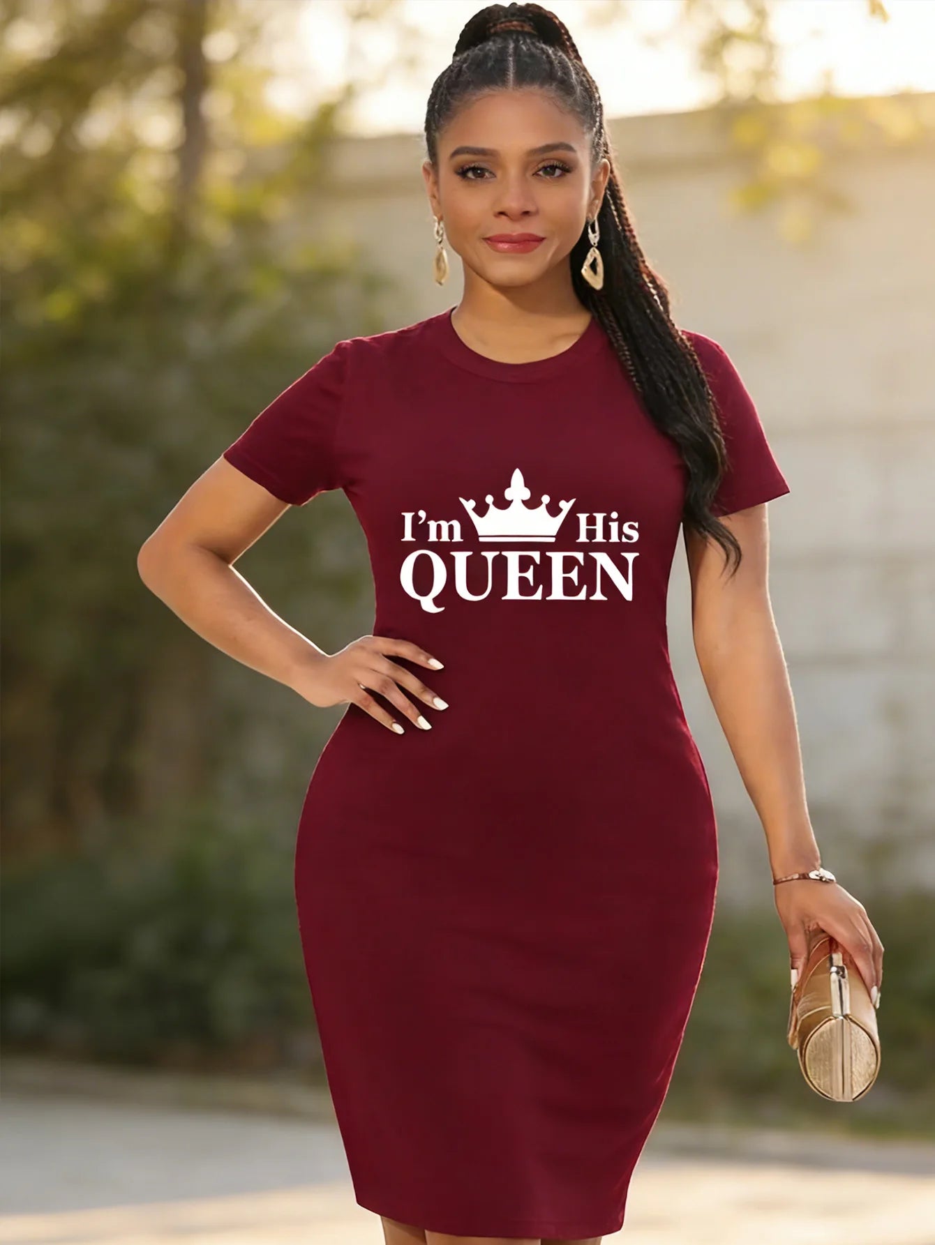 Women's Casual 'I'M HIS QUEEN' Theme Letter and Geometric Pattern Print Long-Sleeved T-Shirt Dress - Round Neck Short Sleeves, L