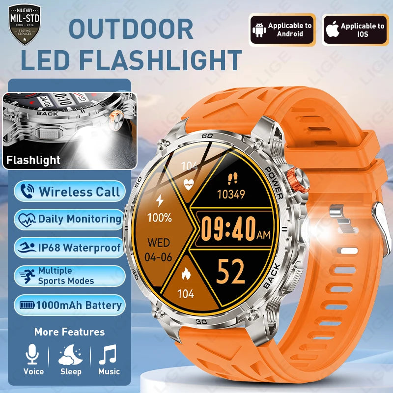 LIGE 2026 Nowy Wojskowy Smartwatch Męski Bateria 1000mAh Wodoodporny 5ATM GPS Rozmowy Bluetooth Wyświetlacz AMOLED Sportowy Smartwatch dla Mężczyzn