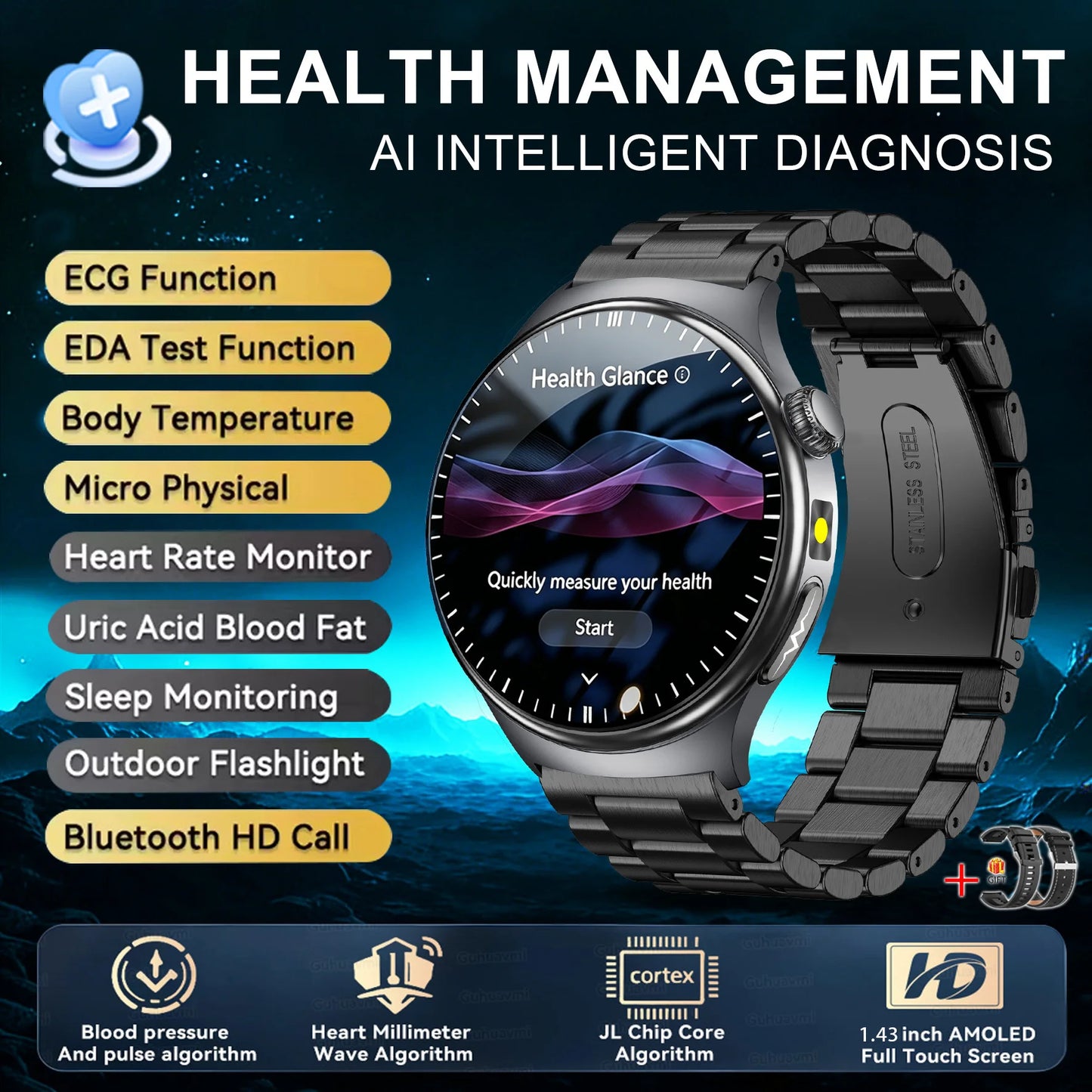 2026New Nursing Grade Health Smartwatches For Men Women Precision Detection Heart Rate Blood Fats Uric Acid ECG+PPG Smart Watch