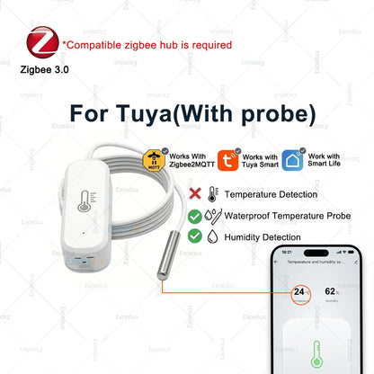 Zigbee 3.0 Temperature Humidity Sensor With External Temp Probe Smart Thermo Hygrometer For Plants Aquarium Freezer Need Gateway