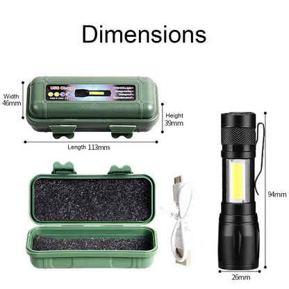 LED+COB Portable Flashlight Zoomable Small Torch USB Rechargeable Outdoor Camping Fishing Long Range Camping Emergency Lantern