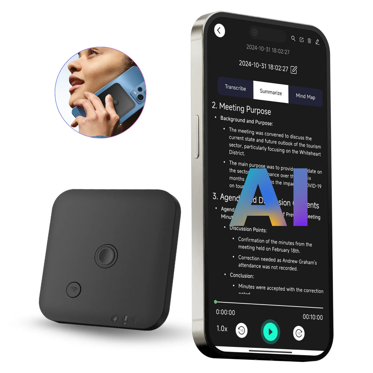 AI Powered Voice Recorder and Call Recorder with Speech-to-Text, Summarization, Translation, Supports 100 Languages, 64GB
