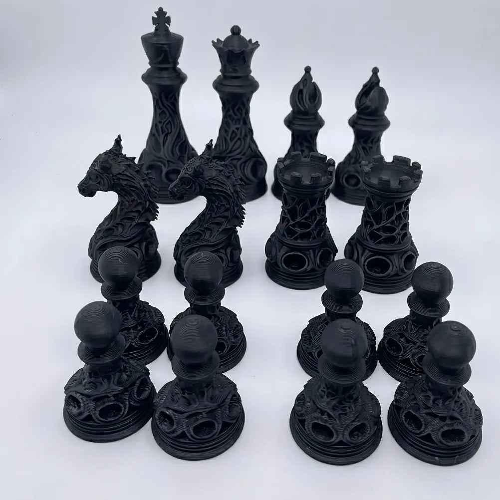 32pcs Gothic Dragon Chess Pieces Set Black White 3D Printed Hollow Design Tabletop Ornament Gift for Chess Lovers