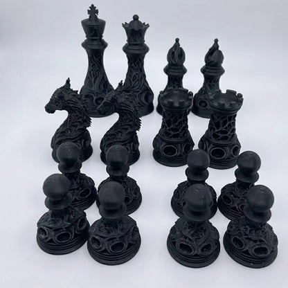 32pcs Gothic Dragon Chess Pieces Set Black White 3D Printed Hollow Design Tabletop Ornament Gift for Chess Lovers