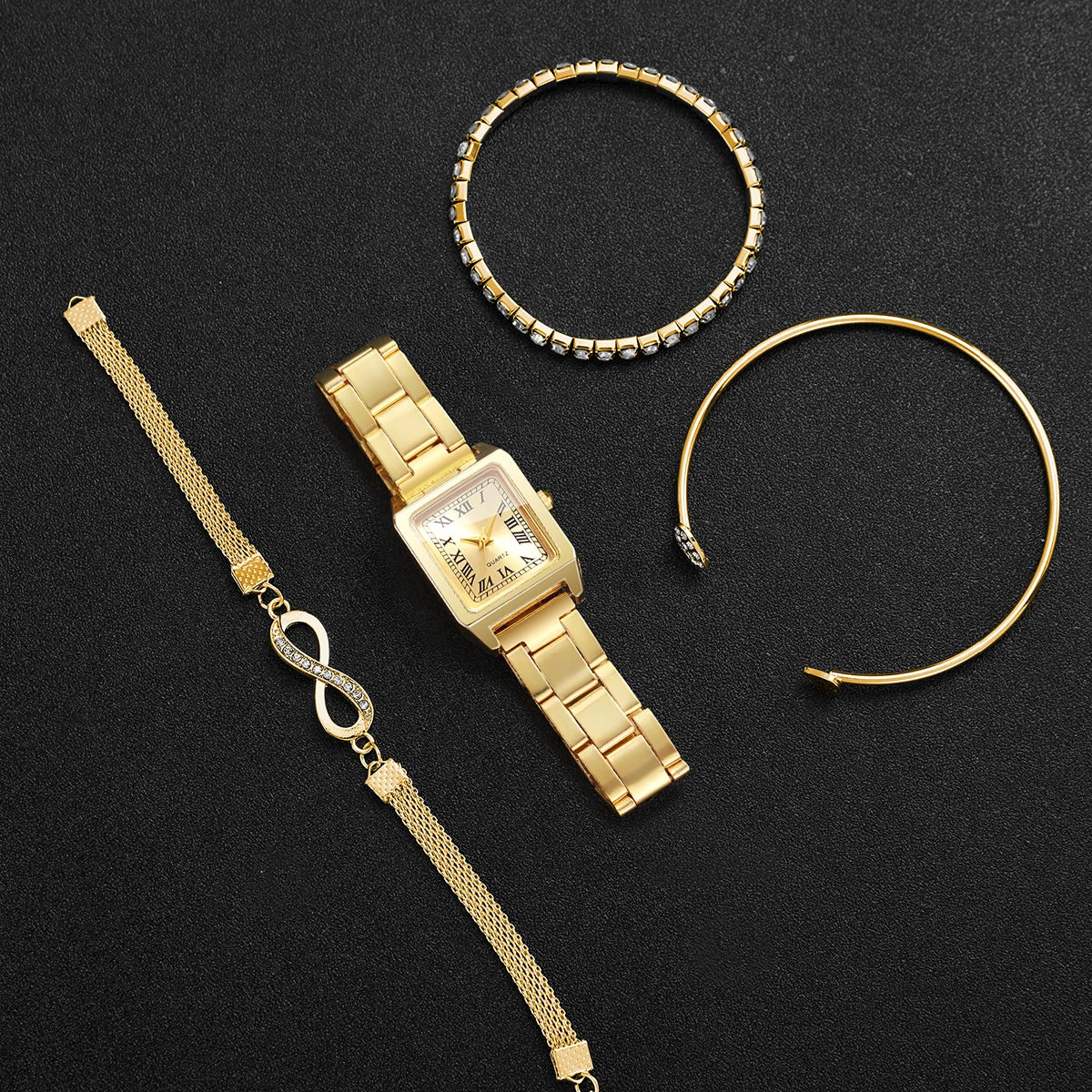 4PCS Elegant Women Square Roma Dial Quartz Watch Diamond Bracelets Set Luxury Alloy Strap Ladies Wristwatches (Without Box)