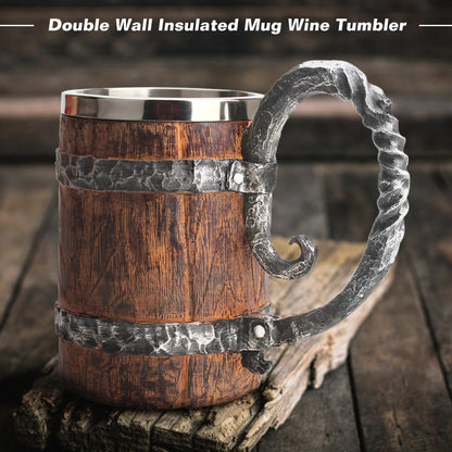 Wooden Barrel Beer Cup Stainless Steel Coffee Mug Viking Style Vintage Beer Mug Double Wall Drinking Cup Halloween Bar Drinkware