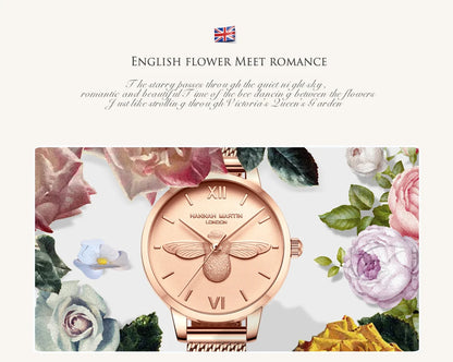 Hannah Martin 2023 New Women Luxury Watch Rose Gold 31mm Classic Casual Girl Dress Watch Bracelet Set 3D Engraved Bee Dial Clock