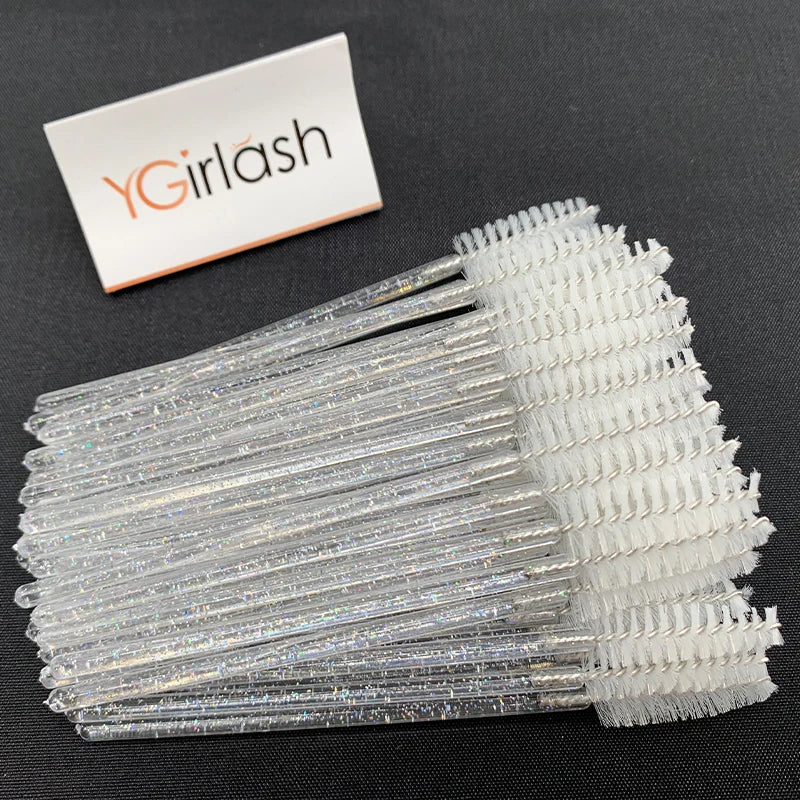 50 Pcs Shiny Crystal Eyelash Applicator Disposable Diamond Handle Nylon Two Colors Mascara Wands Spoolies Pink Brushes