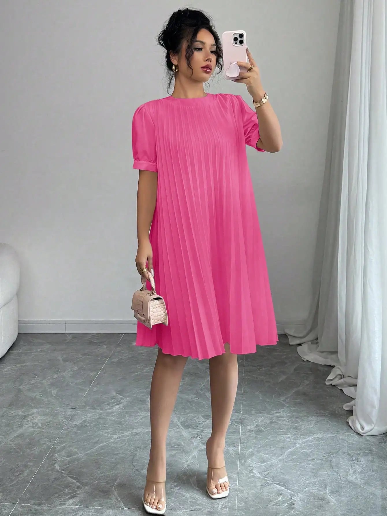 Women's Pure-Color Pleated Puff Sleeve Midi Dress - Elegant Round Neck Loose A-Line Swing Dress for Office, Casual Daily Holiday