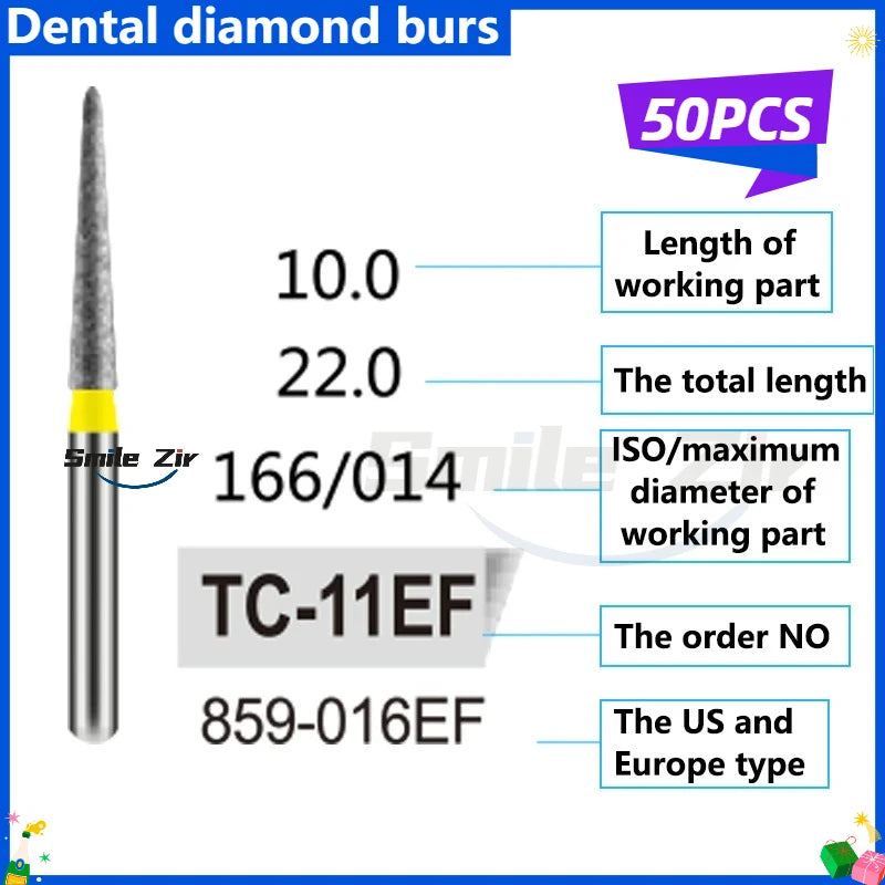 50Pcs Dental Dentist Diamond Burs Drill FG 1.6mm Bur for High Speed Handpiece FG Dental Bur Stomatology Dentistry Grinding Tools