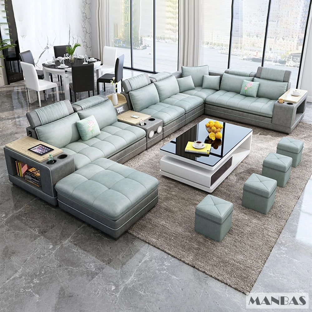 Modern U-Shaped Fabric Couch with Stools, Sectional Sofa Set with Storage Console & Cup Holder, Modular Corner Sofa with Pillows