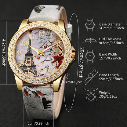 2pcs/set Fashion PU Leather Eiffel Tower Quartz Watch + Heart-Shaped Bracelet (Box not included）
