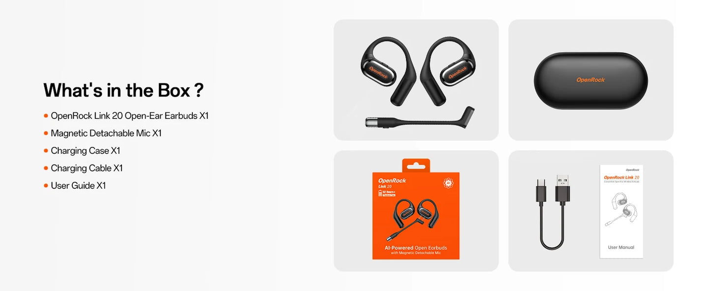 OpenRock Link 20 AI Translator Bluetooth 6.0 Earphones Open Ear Wireless Headphones With Magnetic ENC Mic IPX7 Sport Earbuds APP