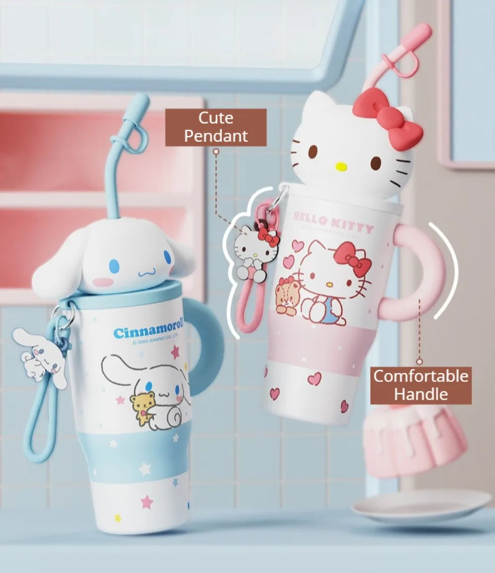 X&W 580ML Sanrio Series Thermos 316 Stainless Steel Doll Head Design Straw Insulated Cup Hello Kitty Kuromi Water Bottle Cutecup