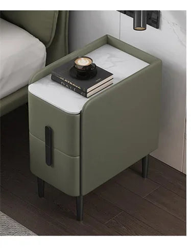 Moder Style Wooden Bedside Table Mini Narrow Leather Bedroom Nightstand Side Storage Cabinet with 2 Drawers Hotel End Table