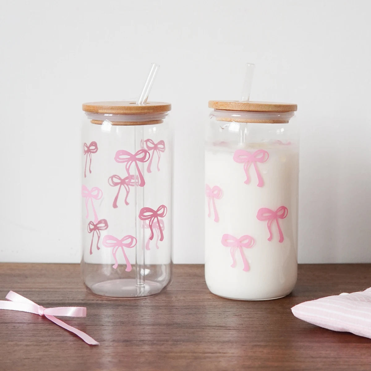 1/2/4/6Pcs Glass Cups with Bowknot Print, with Lid and Straw, Exquisite and High-End Bowknot Glass Cups, Suitable for Home Decoration, Daily Household Drinking Cups, Outdoor Picnic Cups, Party Cups, Breakfast Milk Cups, Gift-