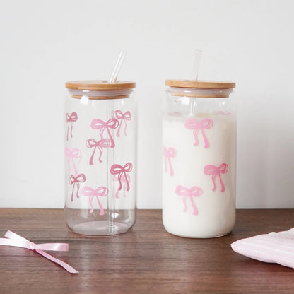 1/2/4/6Pcs Glass Cups with Bowknot Print, with Lid and Straw, Exquisite and High-End Bowknot Glass Cups, Suitable for Home Decoration, Daily Household Drinking Cups, Outdoor Picnic Cups, Party Cups, Breakfast Milk Cups, Gift-