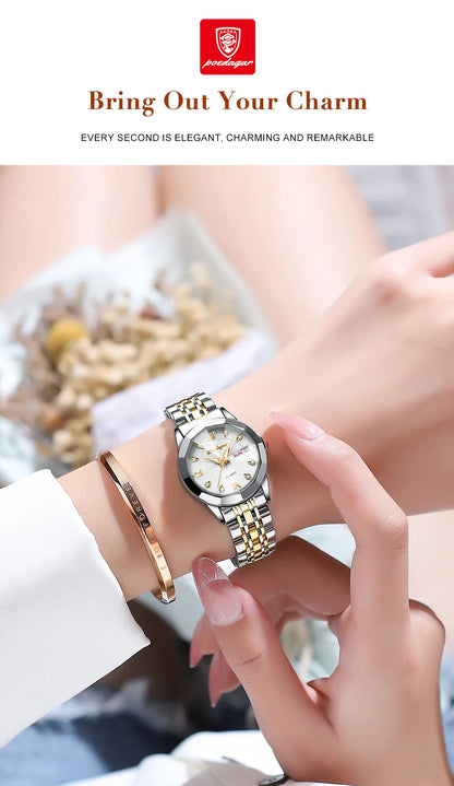 POEDAGAR Luxury Brand Women's Watches Waterproof Luminous Date Week Quartz Watch For Woman Stainless Steel Fashion Ladies Watch