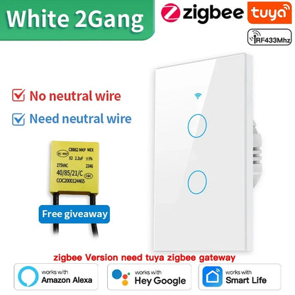 TNCE Tuya WiFi/Zigbee Smart Switche Neutral Wire/No Neutral Wire Required 1/2/3/4 Gang Touch Switch Work With Alexa Google Home