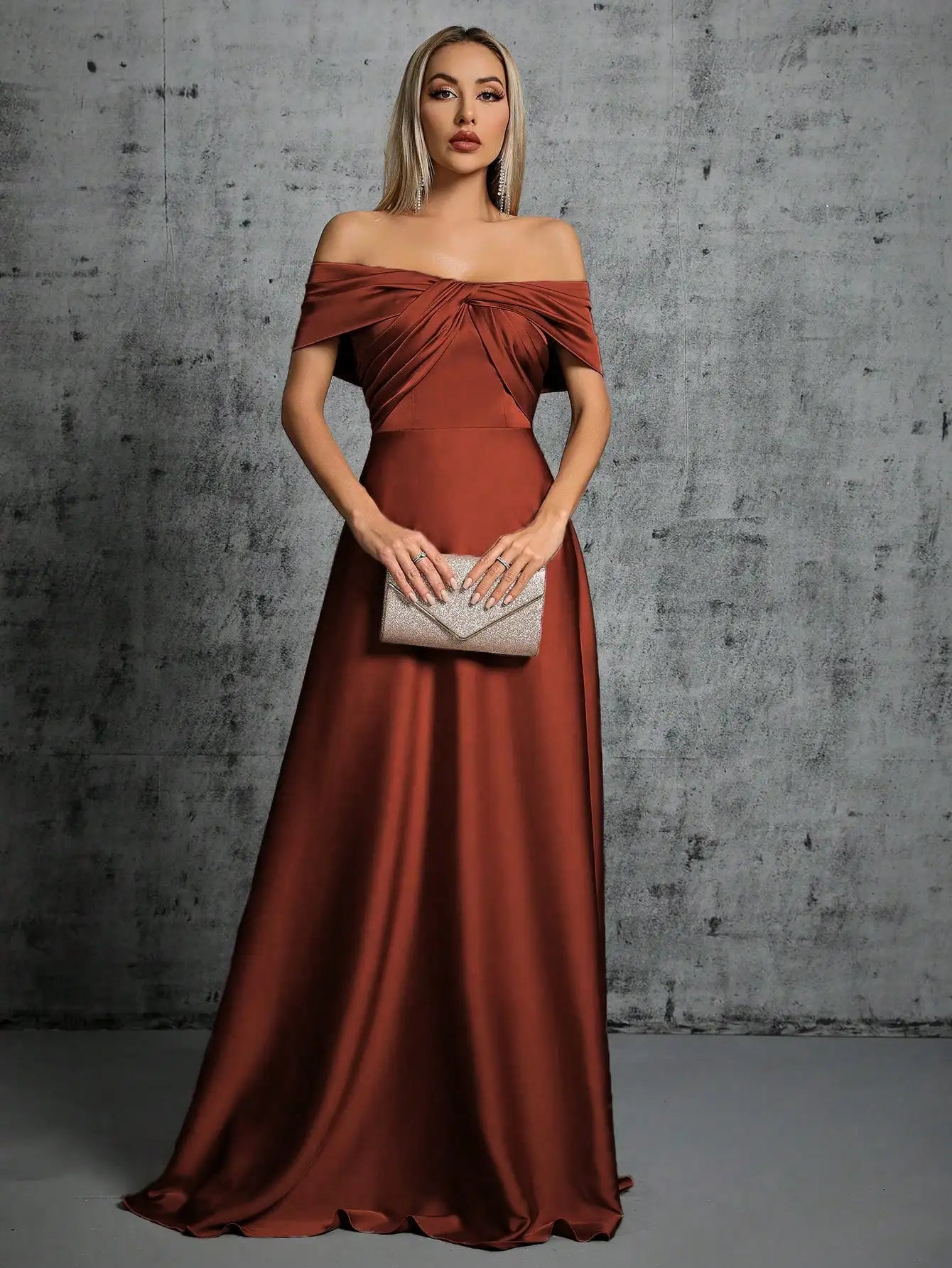 Mgiacy Line neck irregular cross pleated satin gown ball dress Party dress bridesmaid dress