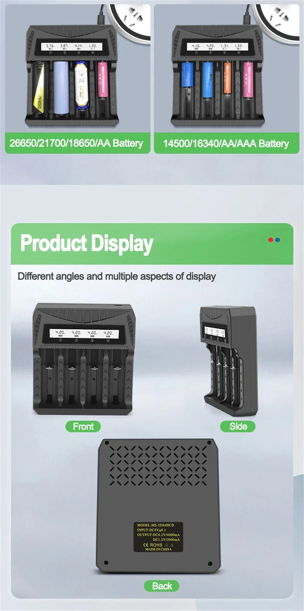 Intelligent LCD Battery USB Charger - 1/2/4 Slots for 18650 4.2V Li-ion & 1.2V Ni-MH AA/AAA Rechargeable Batteries