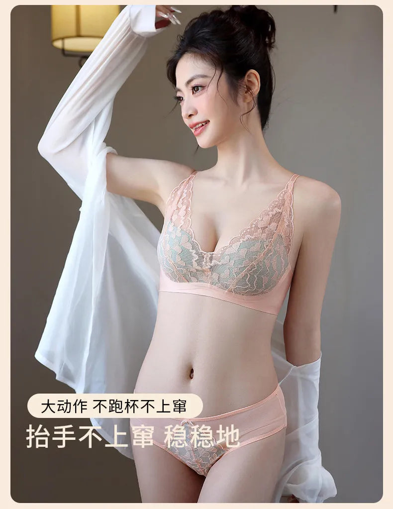 French Sexy Lace Bra and Panty Set for Women, Push Up Wireless Bralette, Comfortable & Breathable Small Chest, Bestseller MOYISU
