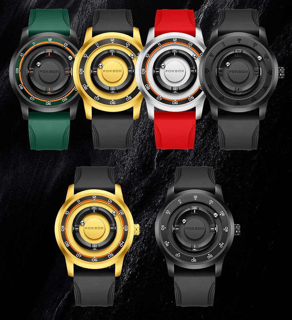 FOXBOX Watch Planet Design Fashion Floating Magnetic Pointer Free Ball Bearing Creative Simple Waterproof Quartz Watch for Men