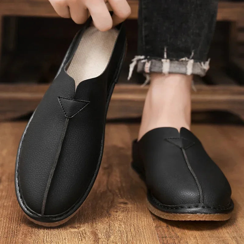 Fashion Leather Men Casual Shoes Slip on Man Loafers Breathable Soft Half Slippers Summer Flats Lightweight Lazy Driving Shoes