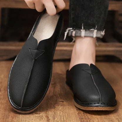 Fashion Leather Men Casual Shoes Slip on Man Loafers Breathable Soft Half Slippers Summer Flats Lightweight Lazy Driving Shoes