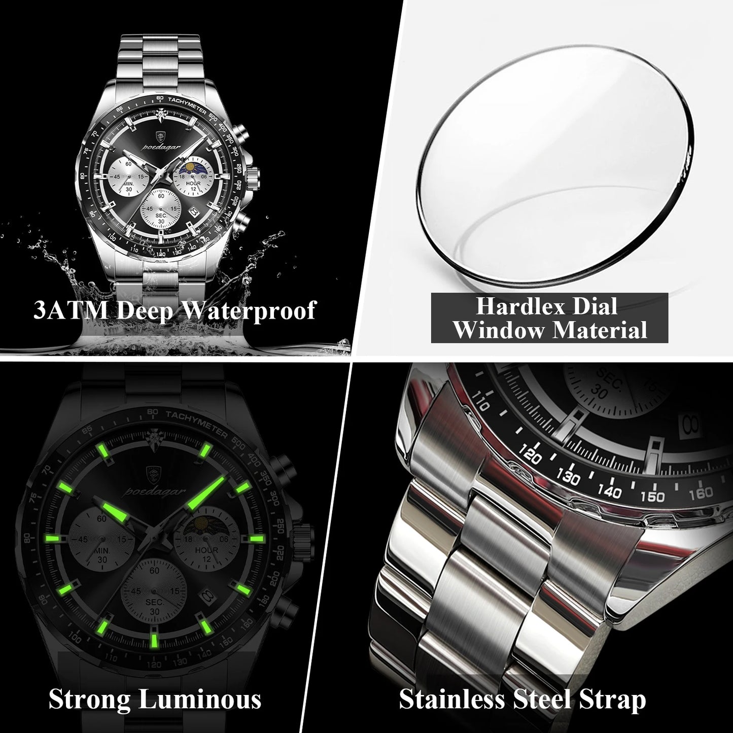 POEDAGAR Top Original Man Wristwatch Waterproof Stainless Steel Luminous Men Clock Chronograph Date Quartz Sports Men's Watches