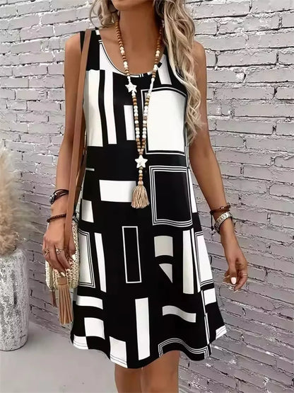 2025 New Fashion Women's Dress Casual Beach Round Neck Sleeveless Loose Dress Summer Women's Vest Striped Print Dress Sundress