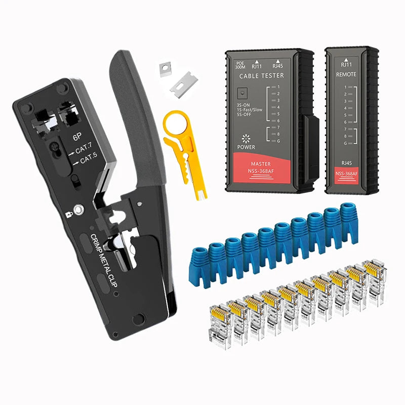 New Rj45 Rj12 Rj11 Pass Through Crimp Plier Cat7 Cat6 Cat6A Cat5 Cat5e Stripping Crimping Tool with 8P/6P Ethernet Connectors