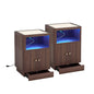 Night Stand With Charger Station, Modern Nightstand Set Of 2 With Hidden Drawer, Saddle Leather Top, Smart LED, And, Customized