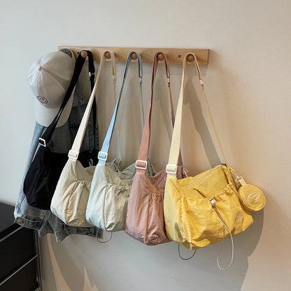 Chic Nylon Crossbody Bag Casual Drawstring Messenger Bag with Detachable Pouch, Adjustable Strap Shoulder Purse for Daily Travel