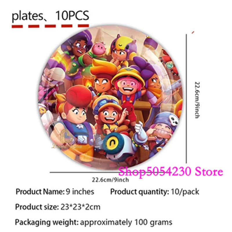 Brawl Stars Happy Birthday Party Supplies Set Cartoon Game Theme Tableware, Paper Plates & Backdrop Decorations for Celebrations