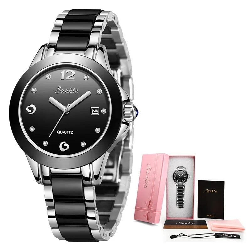 LIGE Brand SUNKTA Fashion Casual Woman Watch Ceramic Simple Bracelet Quartz Ladies Watches Date Waterproof Women's Wristwatches