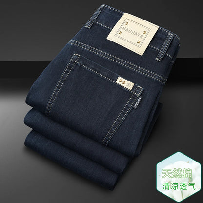 Men's Thin Jeans Spring Summer Fashion Breathable Cotton Blend Solid Color Business Casual Pants Simple Versatile Work Commute