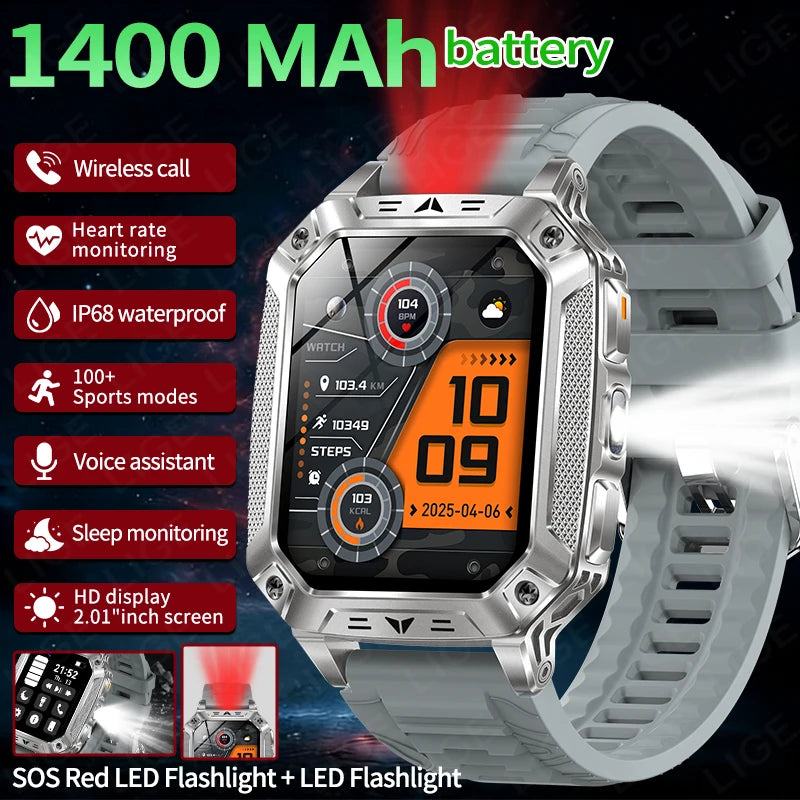 LIGE Wojskowy Inteligentny Zegarek 2.01'' Ekran HD Outdoor Sportowy Męski Zegarek SOS Czerwony Alarm Migająca Latarka Monitor Zdrowia Smartwatch