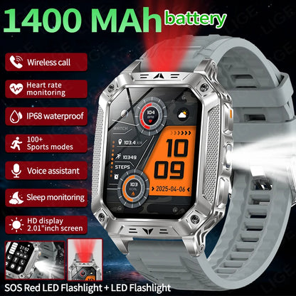 LIGE Wojskowy Inteligentny Zegarek 2.01'' Ekran HD Outdoor Sportowy Męski Zegarek SOS Czerwony Alarm Migająca Latarka Monitor Zdrowia Smartwatch