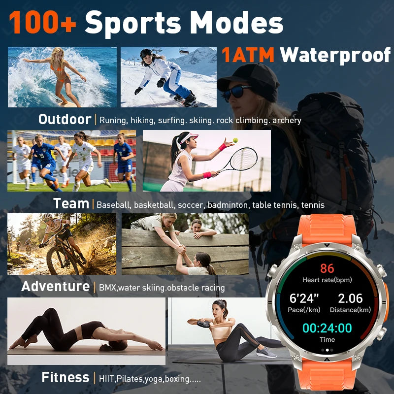 LIGE 2026 Nowy Męski Wojskowy Zegarek Smartwatch GPS Mapa Kompas Pamięć 4GB Bateria 1000mAh Wodoodporność 10ATM Rozmowy Bluetooth HD