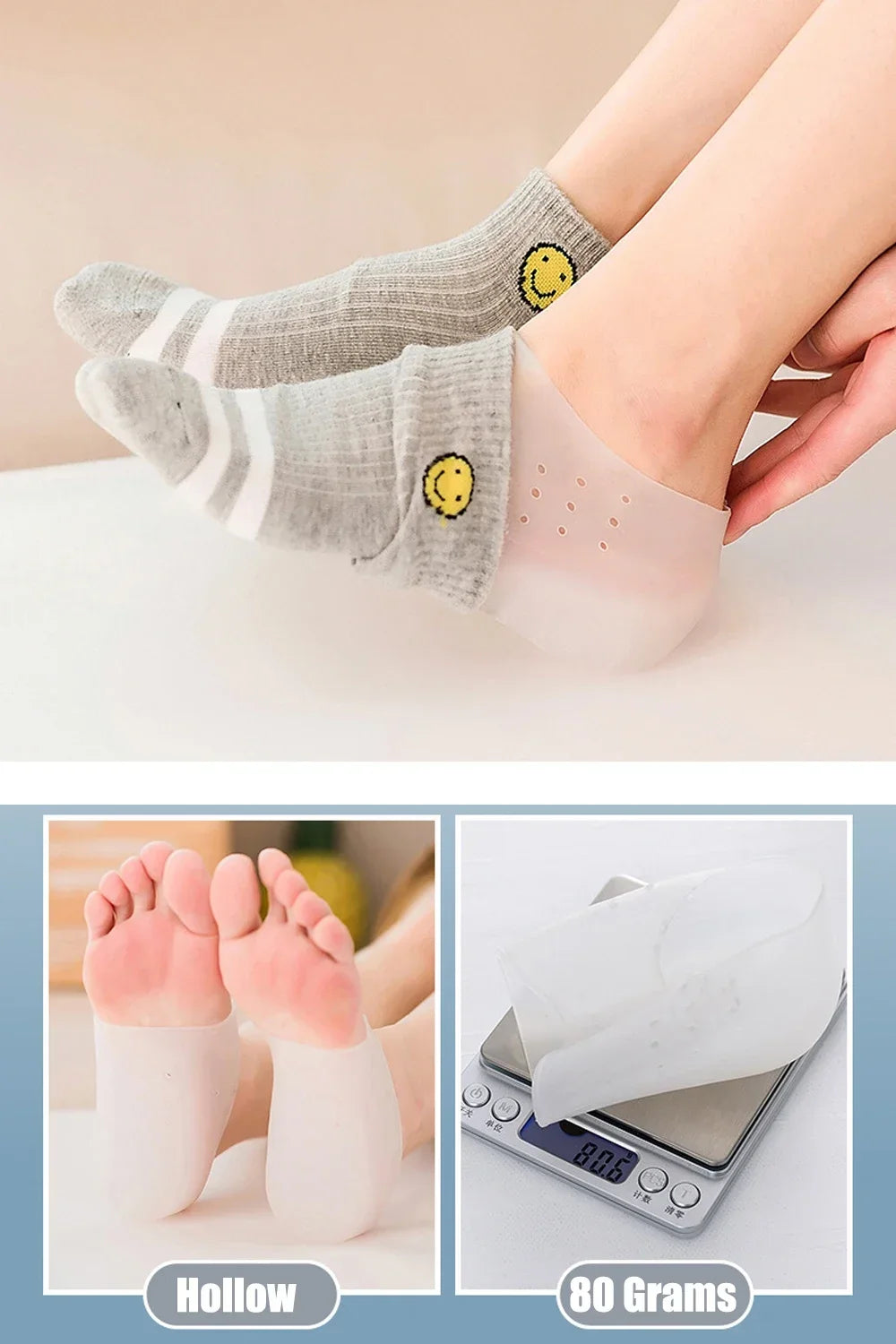 Unisex Invisible Height Increase 5CM Silicone Socks Gel Heel Pads Orthopedic Arch Support Heel Cushion Insoles Foot Massage Pad