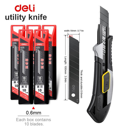 Pro Aluminum Cutter 18mm SK2 Black Blade Thick 0.6mm Rubber Grip Sharp Box Knife + 10pcs Blades Set Heavy Duty DIY Tool