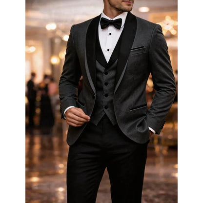 Men's Slim Fit Business Suit Black Shawl Lapel Casual Tuxedos for Wedding Groomsmen Suits Set