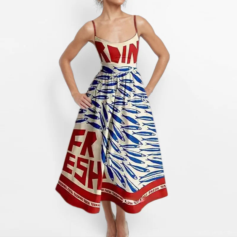 VEITCHE Fashion Women Print Suspenders Blue Ocean Fish Pattern Sexy Long Dress 2025 New Spring Summer Temperament Maxi Dresses
